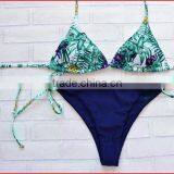 2017 Newest Green Leaves Top Dark Blue Bottom Sexy Print Swimwear Bikini CK378 thumbnail-1