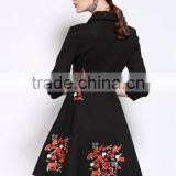Ladies Autumn/winter V Neck 3/4 Sleeve Embroidered A-line Dress thumbnail-2