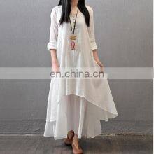 Johnature Cotton Color Women Maxi Dress 2021 Autumn New False Two-piece Long Sleeve Round Neck Loose Plus Size Irregular Dress thumbnail-3