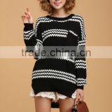 OEM ladies fashion O-neck long sleeve stripe heavy knit woman sweater