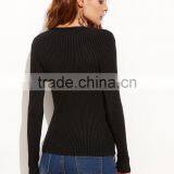 Black V Neck Zipper Ribbed Sweater Cotton Polyester Long Sleeve Pullovers Tight Sweater thumbnail-5