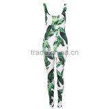Scoop Neck Sleeveless Palm Leaf Print One Piece Women Tight Latex Catsuit thumbnail-3