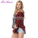 High Quality off Shoulder Stitching Plaid Latest Fashion Korean off Shoulder Blouse thumbnail-2