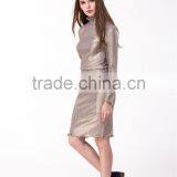 2017 New Arrival Metallic Gold Knitted Sweater Long Sleeve Hight Neck Tight Fit Pullover & Skirt Co-ord Set thumbnail-3