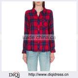 Wholesale Women Collar Long Sleeves Buttoned Cuffs Checked Pattern Curved Hem Shirt(DQE0177T) thumbnail-1