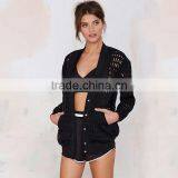 HAODUOYI Autumn Sexy Hollow Out Black Long Sleeve Button Down Mesh Bomber Jacket Casual Coat thumbnail-4