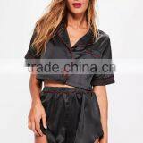 Black Satin Pyjamas Set Button Fastening Fit Crop Shirt With Piping Back Floral Applique And Elasticated Shorts thumbnail-4