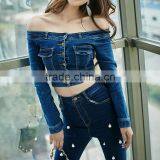 Femme Jeans Jacket Women 2017 Spring New Japanese Style Sexy Off Shoulder Long Sleeve Cropped Denim Jacket thumbnail-1