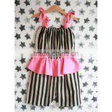 Kid Girls Stripe Romper Pink Ruffle Skirt Black and Cream Striped Romper With Pink Ruffle Skirt and Stretchy Shoulder Ties thumbnail-1