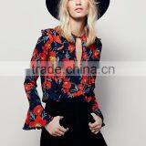 Guangzhou Shandao Supplier OEM Custom Design Women Spring Casual Long Flare Sleeve Flower Printed Chiffon Blouse 2016 thumbnail-3