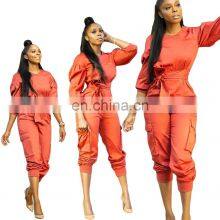 Wholesale Custom Women's Suits Long Sleeve Loose Solid Color Casual and Comfortable Lantern Sleeve Jumpsuit Fashion thumbnail-5