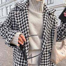 New Fashion White and Black Long Houndstooth Coat Women's Trench Coat Winter Clothes Long Coats for Women thumbnail-5