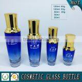 Bule Colored Glass Cosmetic Serum Bottle and Glass Cosmetic Cream Jar With Gold Pump Lid thumbnail-2