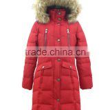 women winter knee length rib collar duck down puffer jacket with fur hood