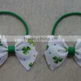cute clover printed ribbon bow tie hair pony for st.patrick's day