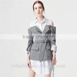 2017 New Design Cold Shoulder Long Sleeve Fake 2 Piece Shirt thumbnail-3