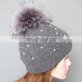 Winter warm girls women weaven hats with real fur pom pom