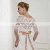 EBX-65 Subtle Short Sleeve Lace Cover Long Train Gold Beading Belt Satin Wedding Dress thumbnail-3