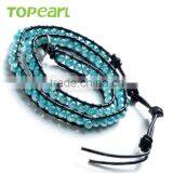 Topearl Jewelry 2016 Potato Shape Blue Freshwater Pearl Bracelet Woven Leather Wrap Funky Bracelets for Girls CLL161 thumbnail-3