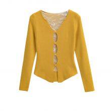 Women's Lace Patchwork Hollow-Out Faux Two-Piece Long-Sleeve Knit Top 2025 Autumn Style, Pure Desire Design Slim Fit Base Shirt