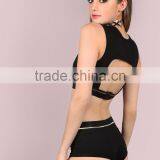 Metallic Trim Back Cut Hole Crop Tank & Body Shorts Set Black 100 Cotton Scoop Neck Sportswear Crop Tops With Pants Custom thumbnail-3