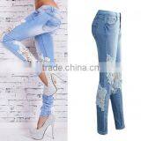 High Waist Girls Jeans Hollow Lace Patchwork Light Blue New Women Sex Pants thumbnail-2