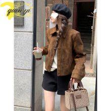 Coffee Suede Coat Women's New Autumn Vintage Lapel Senior Sense Niche Short Jacket Top thumbnail-2