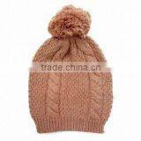 Womens Brown Knitted Cable Bobble Cap With Pom Pom