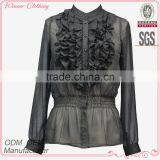 Good Quality Women Black Color Fashion Sheer Chiffon Blouse With Ruffle thumbnail-1