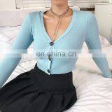 2020 Fall New Women Slim V-neck Cropped Top Solid Color Button Long Sleeve Cardigans thumbnail-5