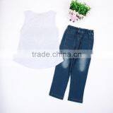 Hot Sale 2016 European Modeling Summer Girl Cloth Set Sleeveless Cat Printed Shirt + Denim Jeans 2pcs Cloth Set thumbnail-2