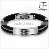 Stainless Steel Black Rubber Silicone Latin Cross Twisted Cable Religious Mens Bracelet thumbnail-1
