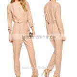 Long Sleeve V-neckline Pink Wrinkled Elastic Elegant Women Long Jumpsuit thumbnail-1