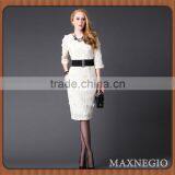 Hot Fitting Tailor Black Lace Knee Length White Party Dresses With Waistband thumbnail-1