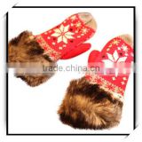 Christmas Snow Pattern Fluffy Full Fingers Wholesale Winter Thermal Women Gloves Red