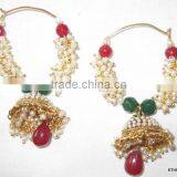 Red Green Pearl Hoop Bollywood Gold Tone Dangler Jhumka EARRINGS thumbnail-1