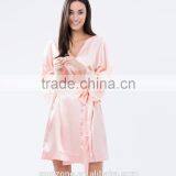 Elegant Tie-up Front Lace Trimmed Sleeves Kimono Robe Wholesale Satin Robe. thumbnail-2