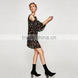 Black Short Sleeve Floral Print Dress, Women Cold Shoulder Summer Dress thumbnail-3