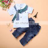 2020 summer hot sell children clothing Boys' short sleeve T-shirt + jeans + scarf three piece suit boy set