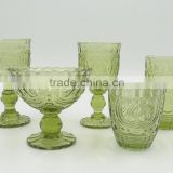 popular press drinkware/Wine goblet,Hiball,DOF, sundae cup color glass in green with Ribbon design embossed