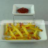Stocked White Ceramic Rectangle French Fries Serving Plate With Dipping Dish and Iron Stand thumbnail-1