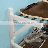 Wood Wall Mounted Shoe Rack, Bathroom Towel Shelf, Wall Display Shelf Unit With Two Stainless Steel Racks, White thumbnail-5