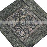 Sari Cushion Cover - Green Peacock Elephant Brocade Sequin Throw Pillow 16" thumbnail-2