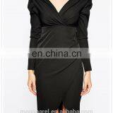 Fashion Women Cheap Sexy Long Sleeve V-neckline Frill Shoulder Pencil Skirt Midi Dress thumbnail-4