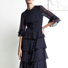 Ladies' 100%silk chiffon short sleeve ruffler edge print dress