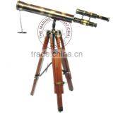 18" ANTIQUE DOUBLE BARREL TELESCOPE WITH WOODEN TRIPOD STAND - ANTIQUE BRASS TELESCOPE WITH STAND