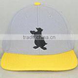 Guangzhou Hat Factory Professional Custom 6 Panle / 100% Polyester/embroidery/trademark/gray and Yellow Flat Brim Hat