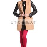 Latest vogue style splicing with PU leather sleeve midi pattern thin woolen women jacket winter