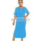 Wholesales Best Seller Women Solid Color Casual Long Dresses Ladies Split O-Neck Dresses Women Summer Dresses thumbnail-3