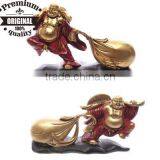 Polyresin Red and Gold Standing Chinese Buddha Figurine Pulling Sack thumbnail-1